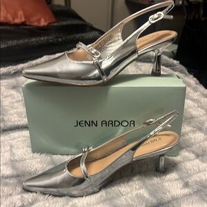 Jenn Ardor Silver Pointed Toe Slingback Heels